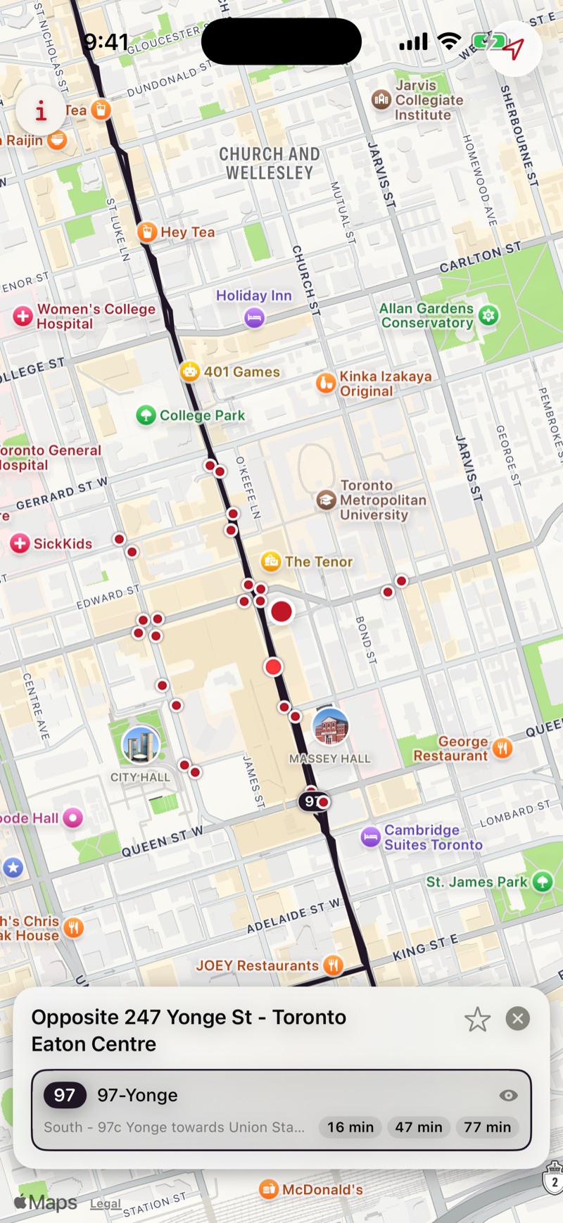 The 97 Yonge route path highlighted on the map